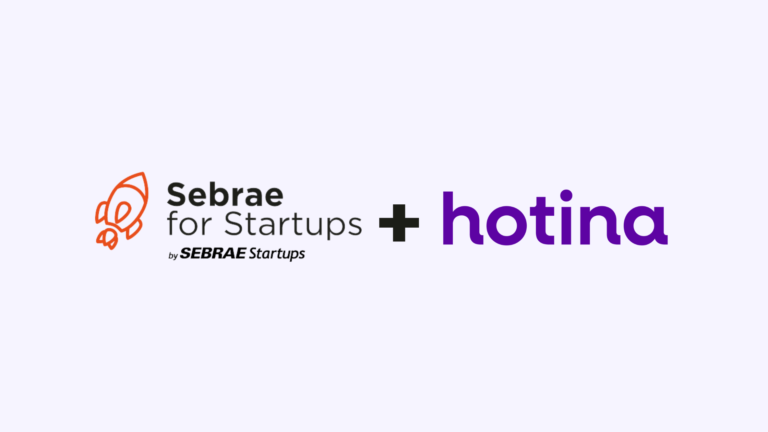 Imagem clara com o logo do Sebrae for Startup em preto, um sinal de mais e o logo da hotina em roxo.